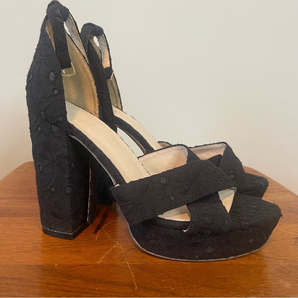 Stone Cold Fox X Raye Eyelet floral pumps in black 7 platform